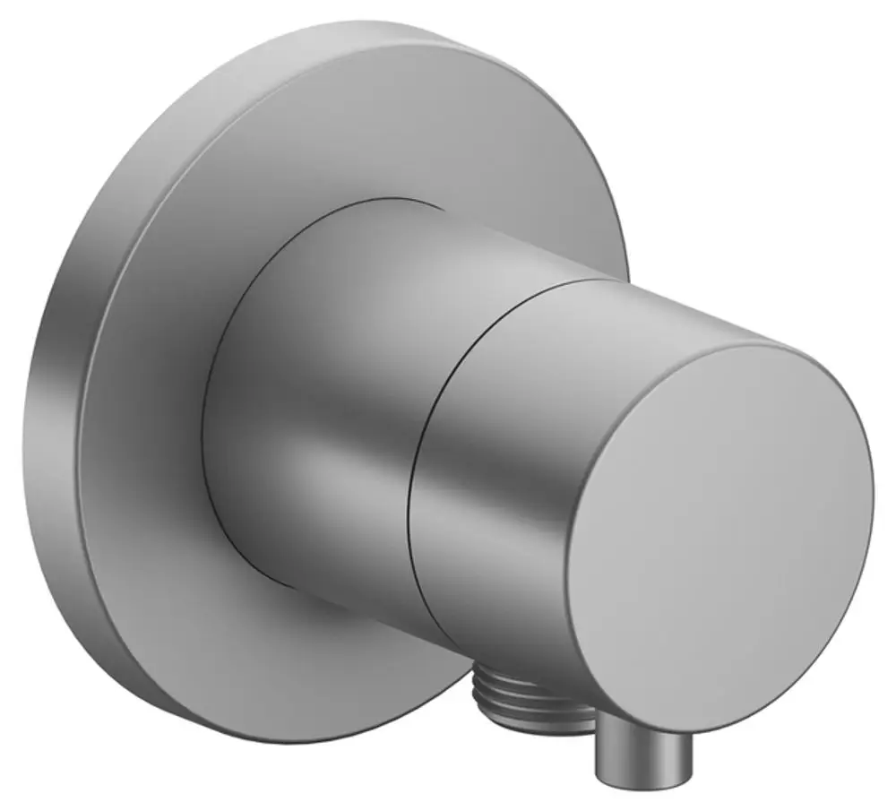 Zylindrischer Wandanschluss für Schlauch, in Aluminium-Finish, von Keuco. Geeignet für flexible Wasseranschlüsse in Badezimmern.